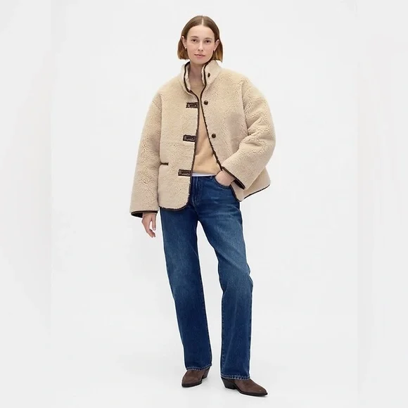 NWT Gap Cream Sherpa & Faux Brown Leather Oversized Jacket Coat Size L Vegan - Picture 3 of 16